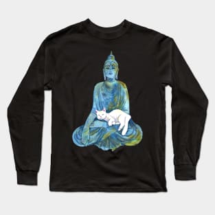 Blue Watercolor Buddha Statue with Sleeping White Cat Long Sleeve T-Shirt